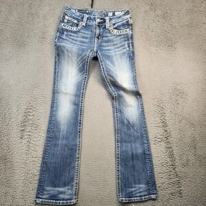 Miss Me Jeans Womens 27 Bootcut Mid Rise Embellished Rhinestone Distressed Denim